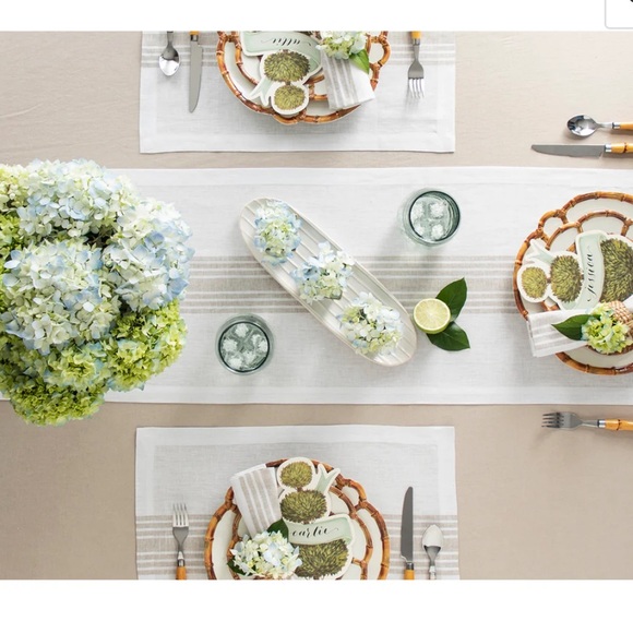 Solino Home 100% Linen Farmhouse Table Runner. 14”x132”. White with natural. New - Picture 3 of 5